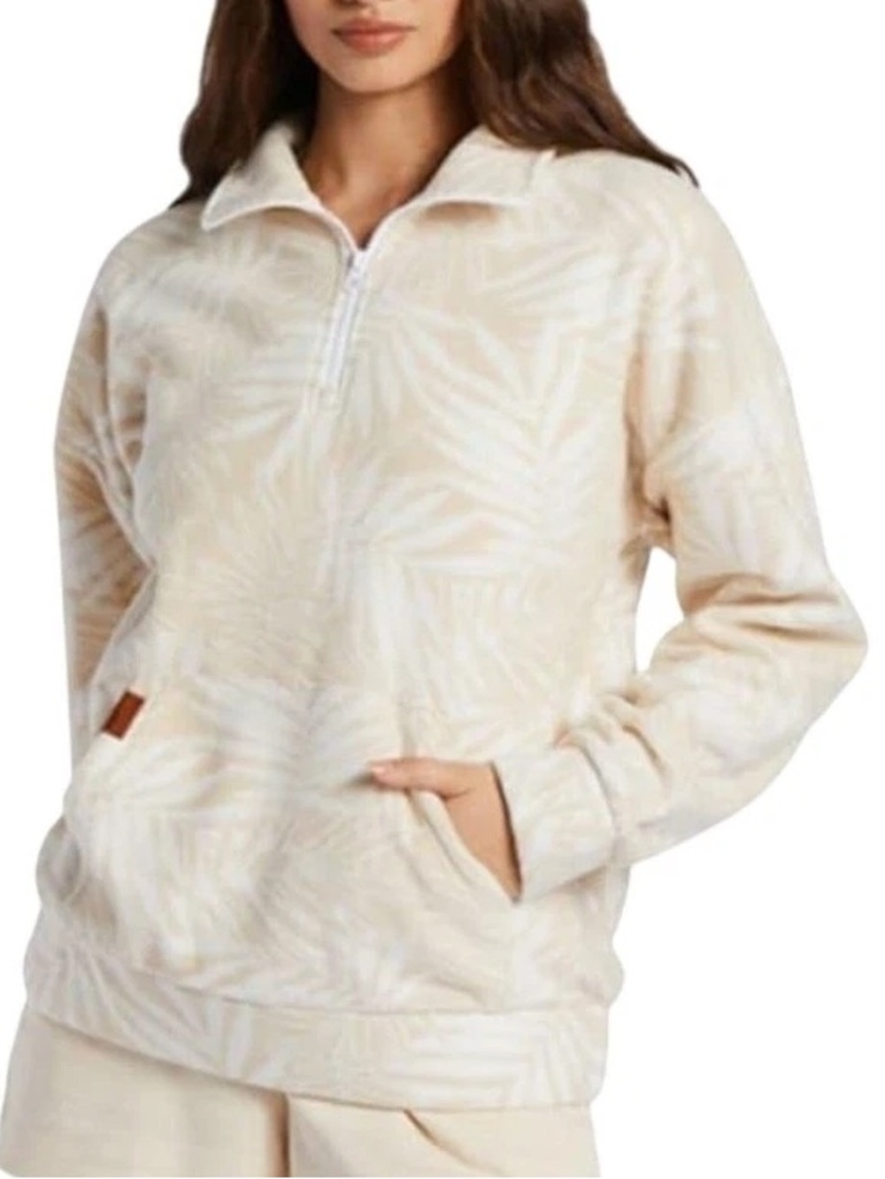 Roxy Women’s Beige and Cream Leaf-Print Quarter-Zip Pullover
